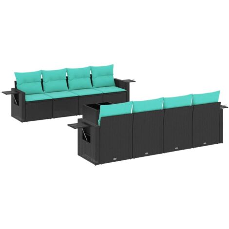 9-teiliges Gartensofa-Set mit Kissen, schwarzes Polyrattan vidaXL