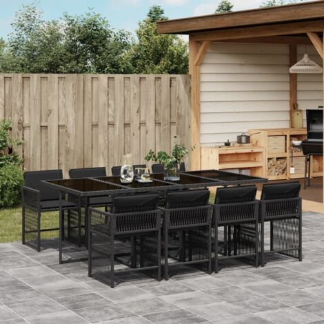 9-teiliges Gartentisch-Set mit schwarzen Kissen aus geflochtener Rattan