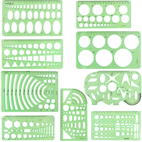 9-teiliges Set geometrischer Zeichenschablonen und Lineale aus Kunststoff für Ingenieur- und Architekturstudenten