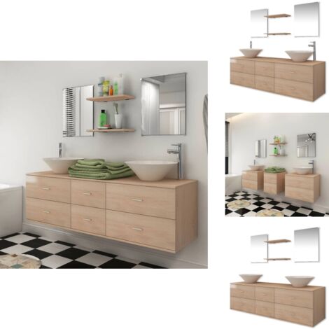 9-tlg. Badmöbel-Set mit Waschbecken und Wasserhahn Beige - Badmöbel - Badezimmermöbel - Badmöbel-Set - Waschtisch - Spiegelschrank