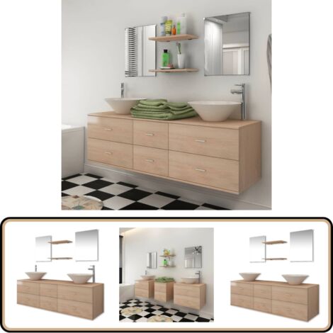 9-tlg. Badmöbel-Set mit Waschbecken und Wasserhahn Beige - Badmöbel - Badezimmermöbel - Badmöbel-Set - Waschtisch - Spiegelschrank
