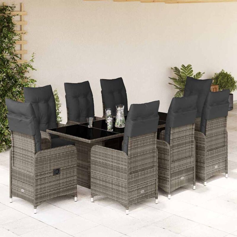 9-tlg. Garten-bistro-set Mit Kissen Grau Poly Rattan Vidaxl