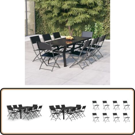 9-tlg. Garten-Essgruppe Grau und Schwarz - Outdoor Essgruppe - Gartentisch - Gartenstuhl - Edelstahl - Metall