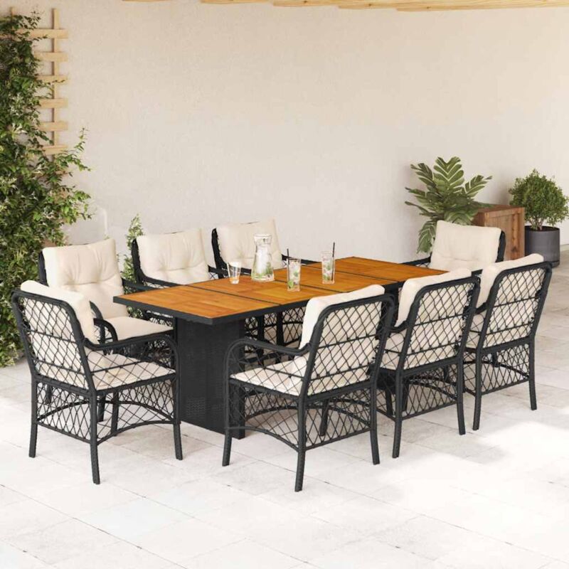 9-tlg. Garten-essgruppe Mit Kissen Schwarz Poly Rattan Vidaxl