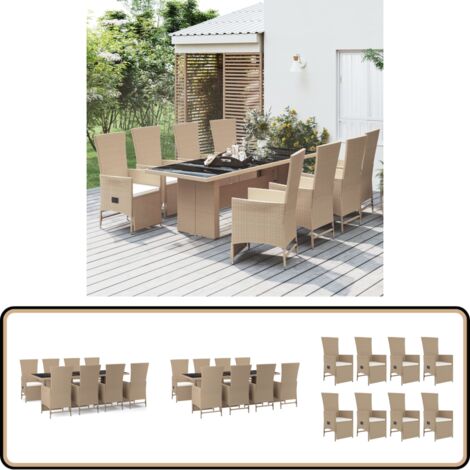 9-tlg. Garten-Essgruppe mit Kissen Beige Poly Rattan - Garten Möbel Set - Outdoor Essgruppe - Garten Esstisch - Gartenstühle - Lounge Sessel