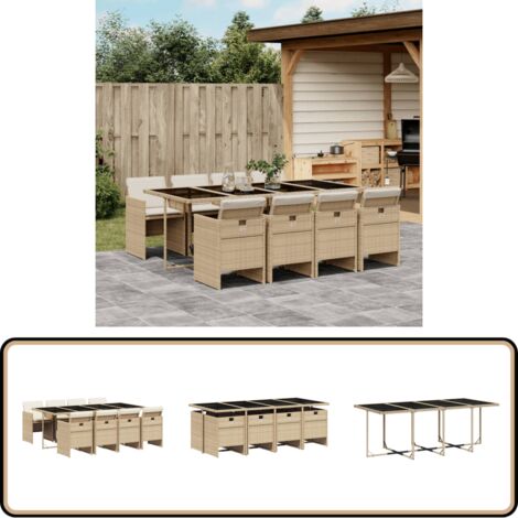 9-tlg. Garten-Essgruppe mit Kissen Beige Poly Rattan - Gartenmöbel Set - Esstisch - Gartenstühle - Outdoor Möbel - Rattan Gartenmöbel