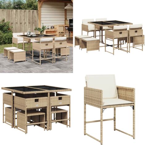 9-tlg. Garten-Essgruppe mit Kissen Beige Poly Rattan - Gartenmöbel Set - Gartentisch - Gartenstühle - Gartenhocker - Rattan Möbel - Home & Living