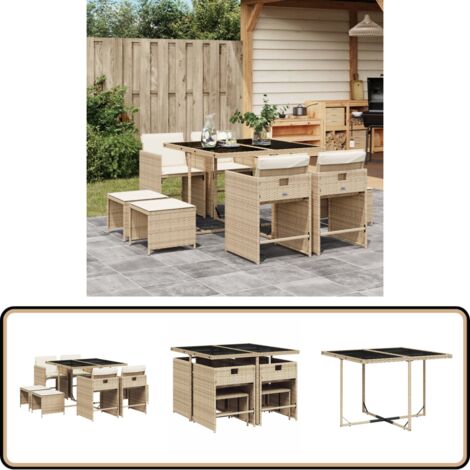 9-tlg. Garten-Essgruppe mit Kissen Beige Poly Rattan - Gartenmöbel Set - PE-Rattan Möbel - Outdoor Esstisch - Gartenstühle - Gartenhocker