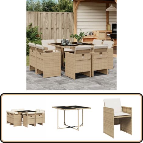9-tlg. Garten-Essgruppe mit Kissen Beige Poly Rattan - Gartensessel - Gartenmöbel Set - Outdoor Möbel - Terrassenmöbel - Gartentisch