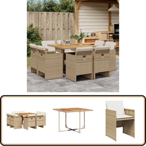 9-tlg. Garten-Essgruppe mit Kissen Beige Poly Rattan - Gartensessel - Gartenstühle - Gartenmöbelset - Outdoor Möbel - Terrassenmöbel