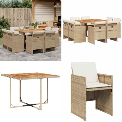 9-tlg. Garten-Essgruppe mit Kissen Beige Poly Rattan - Gartensessel - Gartenstühle - Gartenmöbelset - Outdoor Möbel - Terrassenmöbel - Home & Living
