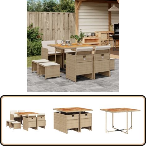 9-tlg. Garten-Essgruppe mit Kissen Beige Poly Rattan - Gartentisch - Gartenmöbelset - PE-Rattan Möbel - Outdoor Küche - Gartenlounge
