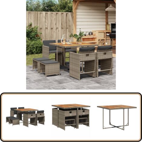 9-tlg. Garten-Essgruppe mit Kissen Grau Poly Rattan - Gartenmöbel Set - Gartentisch - Gartenstühle - Gartenhocker - Rattan Möbel