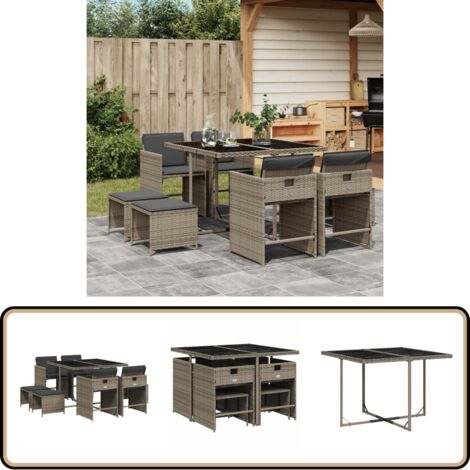 9-tlg. Garten-Essgruppe mit Kissen Grau Poly Rattan - Gartenmöbel Set - Gartentisch - Gartenstühle - Gartenhocker - Rattan Möbel