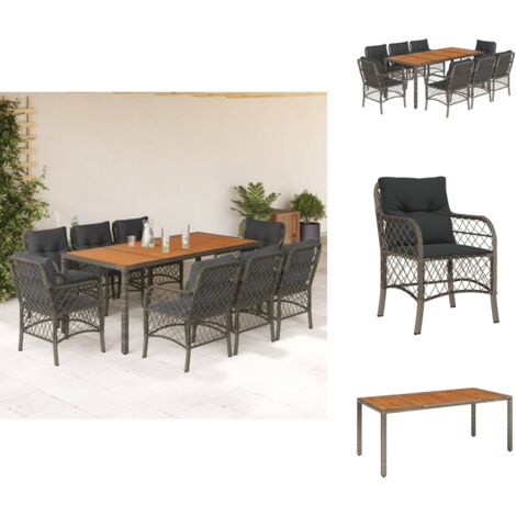 9-tlg. Garten-Essgruppe mit Kissen Grau Poly Rattan - Gartensessel - Gartenstuhl - Gartenmöbelset - Outdoor Möbel - Rattan Gartenmöbel