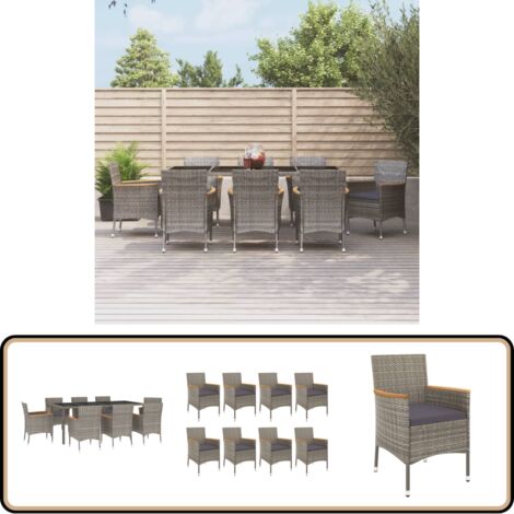 9-tlg. Garten-Essgruppe mit Kissen Grau Poly Rattan - Gartensessel - Gartentisch - Outdoor Möbel - Gartenmöbel Set - Polyrattan
