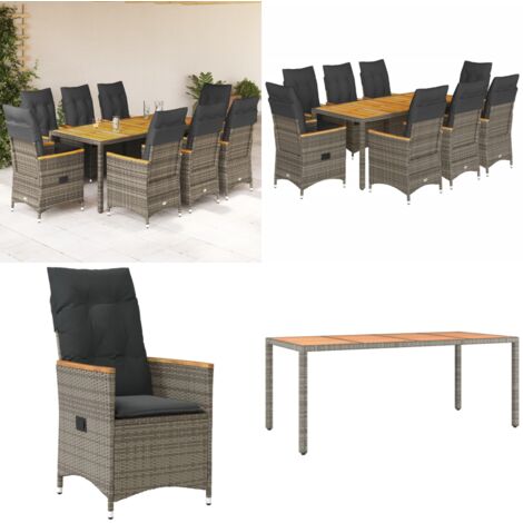 9-tlg. Garten-Essgruppe mit Kissen Grau Poly Rattan - Gartenstuhl - Gartentisch