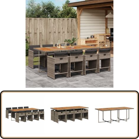 9-tlg. Garten-Essgruppe mit Kissen Grau Poly Rattan - Gartentisch - Esstisch - Gartenmöbel Set - Outdoor Möbel - Terrassenmöbel