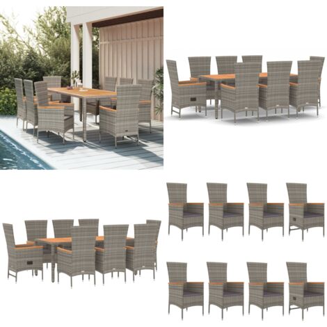 9-tlg. Garten-Essgruppe mit Kissen Grau Poly Rattan - Gartentisch - Gartenessgruppe