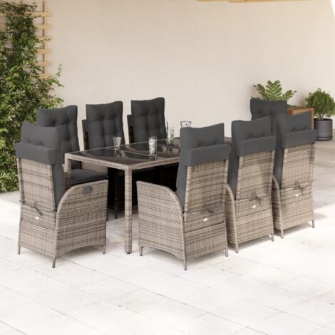 9-tlg. Garten-Essgruppe mit Kissen Grau Poly Rattan vidaXL