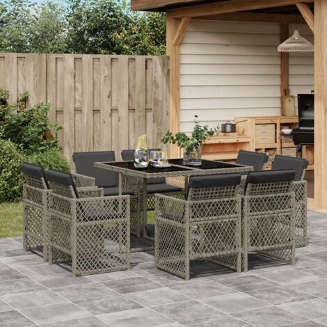9-tlg. Garten-Essgruppe mit Kissen Grau Poly Rattan vidaXL