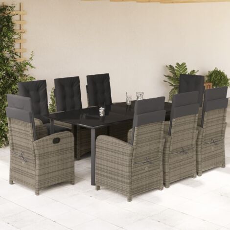 9-tlg. Garten-Essgruppe mit Kissen Grau Poly Rattan vidaXL