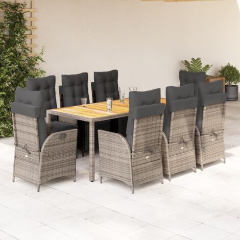 9-tlg. Garten-Essgruppe mit Kissen Grau Poly Rattan vidaXL