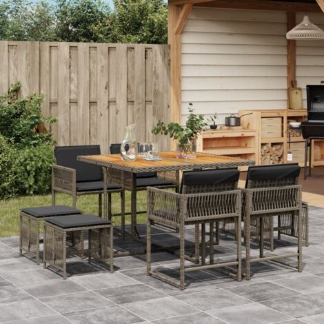 9-tlg. Garten-Essgruppe mit Kissen Grau Poly Rattan vidaXL
