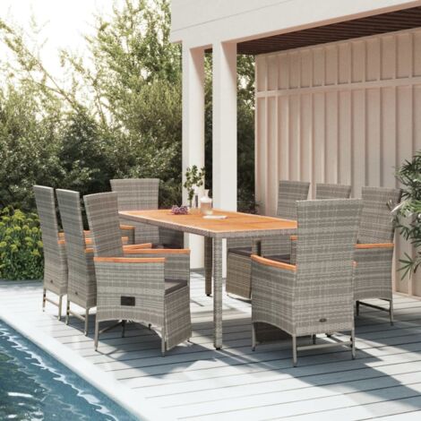 9-tlg. Garten-Essgruppe mit Kissen Grau Poly Rattan vidaXL
