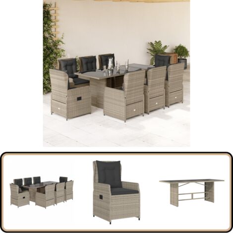 9-tlg. Garten-Essgruppe mit Kissen Hellgrau Poly Rattan - Gartengruppe - Gartenmöbel - Esstisch - Gartenset - Lounge Set