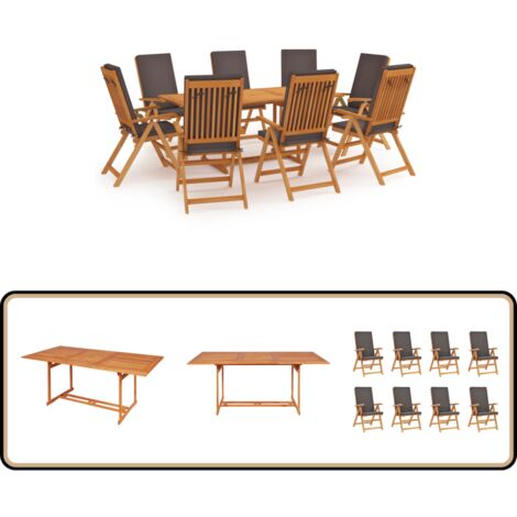 9-tlg. Garten-Essgruppe mit Kissen Massivholz Teak Grau - Holztisch - Esszimmergarnitur - Gartentisch - Gartenstuhl - Outdoormöbel