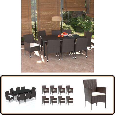 9-tlg. Garten-Essgruppe mit Kissen Poly Rattan Braun - Gartensessel - Gartenstuhl - Outdoor Möbel - Terrassenmöbeln - Balkonmöbel