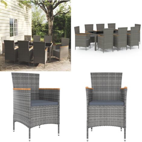 9-tlg. Garten-Essgruppe mit Kissen Poly Rattan Grau - Gartengarnituren - Gartenmöbel Set - Outdoor Esstisch - Rattan Gartenstuhl - Balkonmöbel - Home & Living