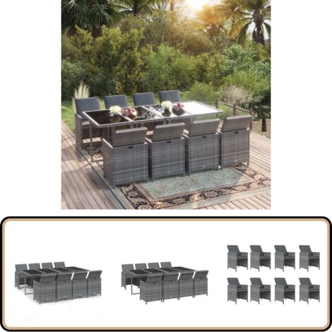 9-tlg. Garten-Essgruppe mit Kissen Poly Rattan Grau - Gartengruppe - Gartenmöbel - Esstisch - Esszimmerset - Rattan Möbel