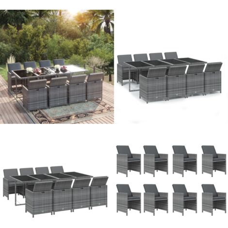 9-tlg. Garten-Essgruppe mit Kissen Poly Rattan Grau - Gartengruppe - Gartenmöbel - Esstisch - Esszimmerset - Rattan Möbel - Home & Living