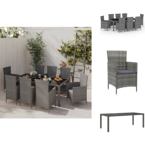 9-tlg. Garten-Essgruppe mit Kissen Poly Rattan Grau - Gartenmöbel - Esstisch - Gartensessel - Rattan Gartenmöbel - Outdoor Möbel
