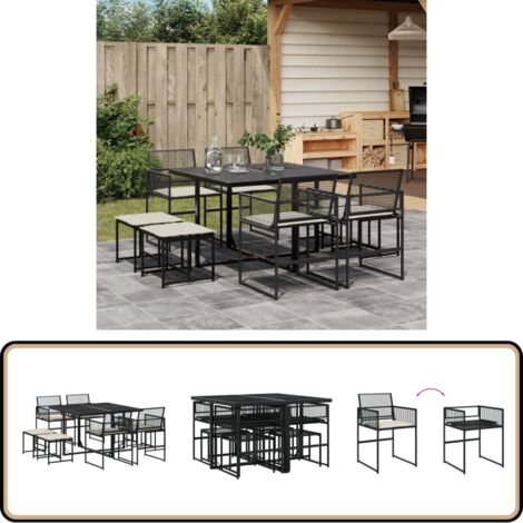 9-tlg. Garten-Essgruppe mit Kissen Schwarz Poly Rattan - Gartengruppe - Gartenmöbelset - Esstisch - Gartenstühle - Gartenhocker