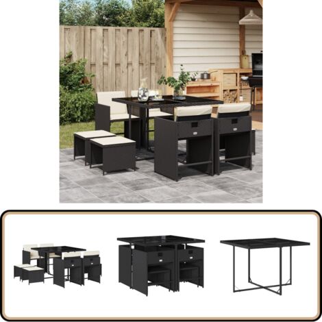 9-tlg. Garten-Essgruppe mit Kissen Schwarz Poly Rattan - Gartenmöbel Set - Esstisch - Gartenstühle - Gartenhocker - PE-Rattan Möbel
