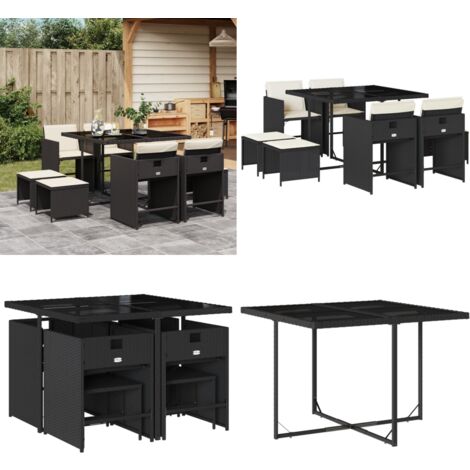 9-tlg. Garten-Essgruppe mit Kissen Schwarz Poly Rattan - Gartenmöbel Set - Esstisch - Gartenstühle - Gartenhocker - PE-Rattan Möbel - Home & Living