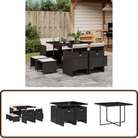 9-tlg. Garten-Essgruppe mit Kissen Schwarz Poly Rattan - Gartenmöbel Set - Gartentisch - Gartenstühle - Gartenhocker - Rattan Möbel