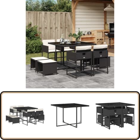 9-tlg. Garten-Essgruppe mit Kissen Schwarz Poly Rattan - Gartenmöbel Set - Gartentisch - Gartenstühle - Gartenhocker - Rattan Möbel