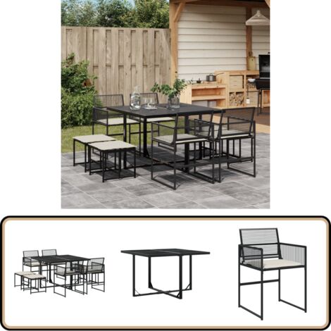 9-tlg. Garten-Essgruppe mit Kissen Schwarz Poly Rattan - Gartensessel - Gartenmöbel Set - Outdoor Esstisch - Terrassenset - Gartenlounge