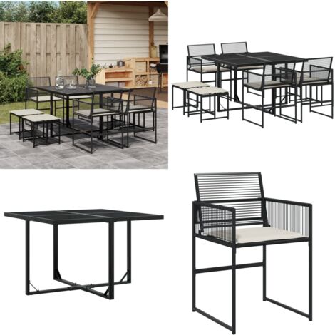 9-tlg. Garten-Essgruppe mit Kissen Schwarz Poly Rattan - Gartensessel - Gartenmöbel Set - Outdoor Esstisch - Terrassenset - Gartenlounge - Home & Living