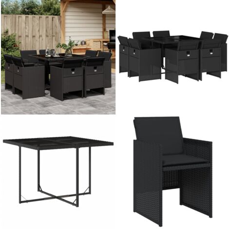 9-tlg. Garten-Essgruppe mit Kissen Schwarz Poly Rattan - Gartensessel - Gartenmöbel Set - Outdoor Möbel - Terrassenmöbel - Esstisch - Home & Living