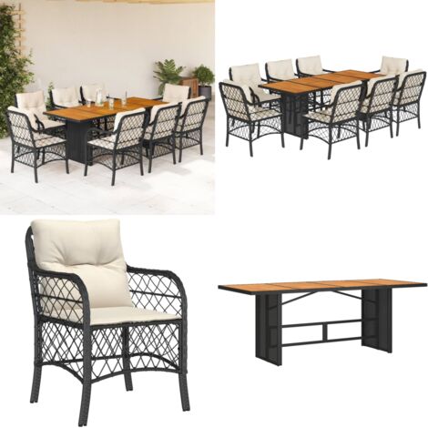 9-tlg. Garten-Essgruppe mit Kissen Schwarz Poly Rattan - Gartensessel - Gartenstuhl - Gartenmöbelset - Esstisch - Outdoor Möbel - Home & Living