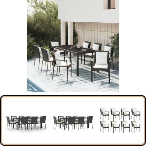 9-tlg. Garten-Essgruppe mit Kissen Schwarz Poly Rattan - Gartensessel - Gartentisch - Gartenmöbeln - Outdoor Möbel - Rattan Gartenmöbel