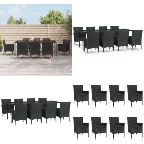 9-tlg. Garten-Essgruppe mit Kissen Schwarz Poly Rattan - Gartensessel - Gartentisch - Gartenmöbelset - Outdoor Möbel - Polyethylen Furniture - Home & Living