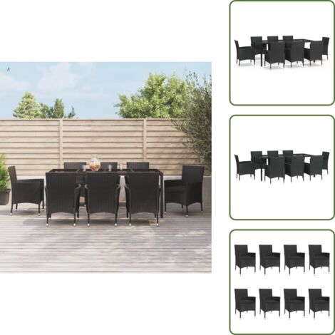 9-tlg. Garten-Essgruppe mit Kissen Schwarz Poly Rattan - Gartensessel - Gartentisch - Outdoor Möbel - Gartenmöbelset - Polyrattan