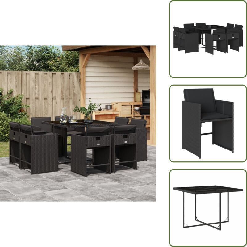 Vidaxl 9-tlg. Garten-essgruppe Mit Kissen Schwarz Poly Rattan - Gartentisch - Esstisch - Gartenmöbel Set - Outdoor Möbel - Terrassenmöbel