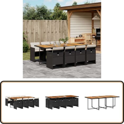 9-tlg. Garten-Essgruppe mit Kissen Schwarz Poly Rattan - Gartentisch - Gartenstühle - Essgruppe - Gartenmöbel - Outdoor Möbel